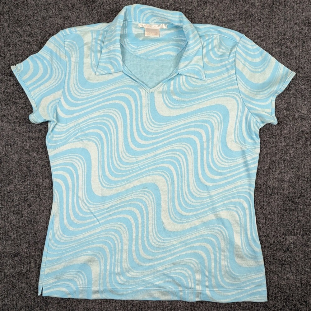 Nike Golf Womens L Blue White Wavy Swirl Psychedelic Short Sleeve Polo Shirt - Picture 3 of 14